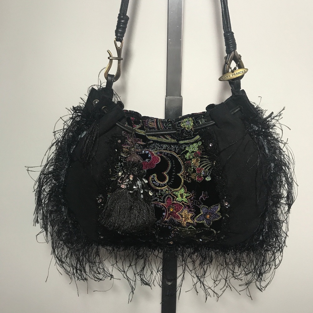New MARY FRANCES Embroidered Black Beaded Fringe Purse! black purple - Picture 10 of 10